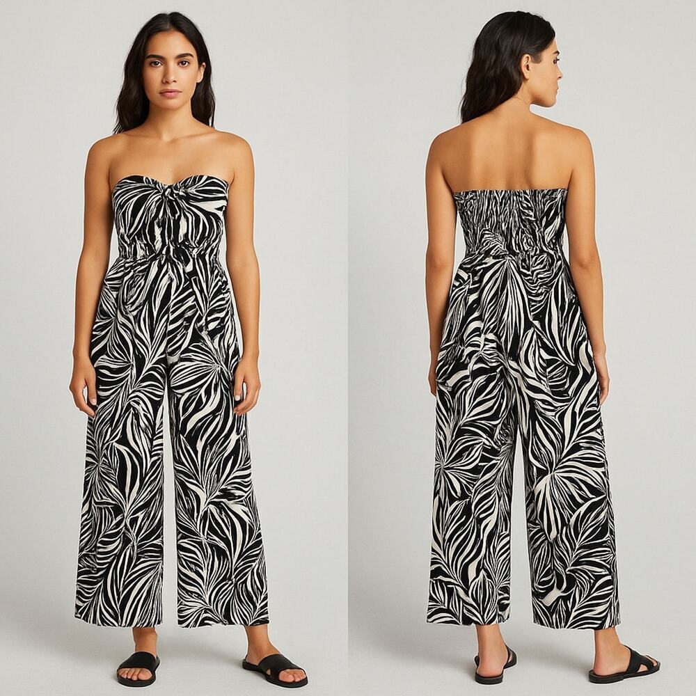 Patrons of Peace Strapless Wide Leg Jumpsuit Size S Black White Tropical Resort